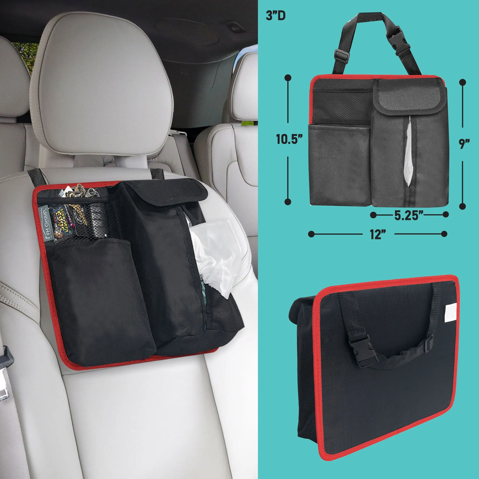 E-Z Travel Hanging Car Organizer with Tissue Dispenser Red